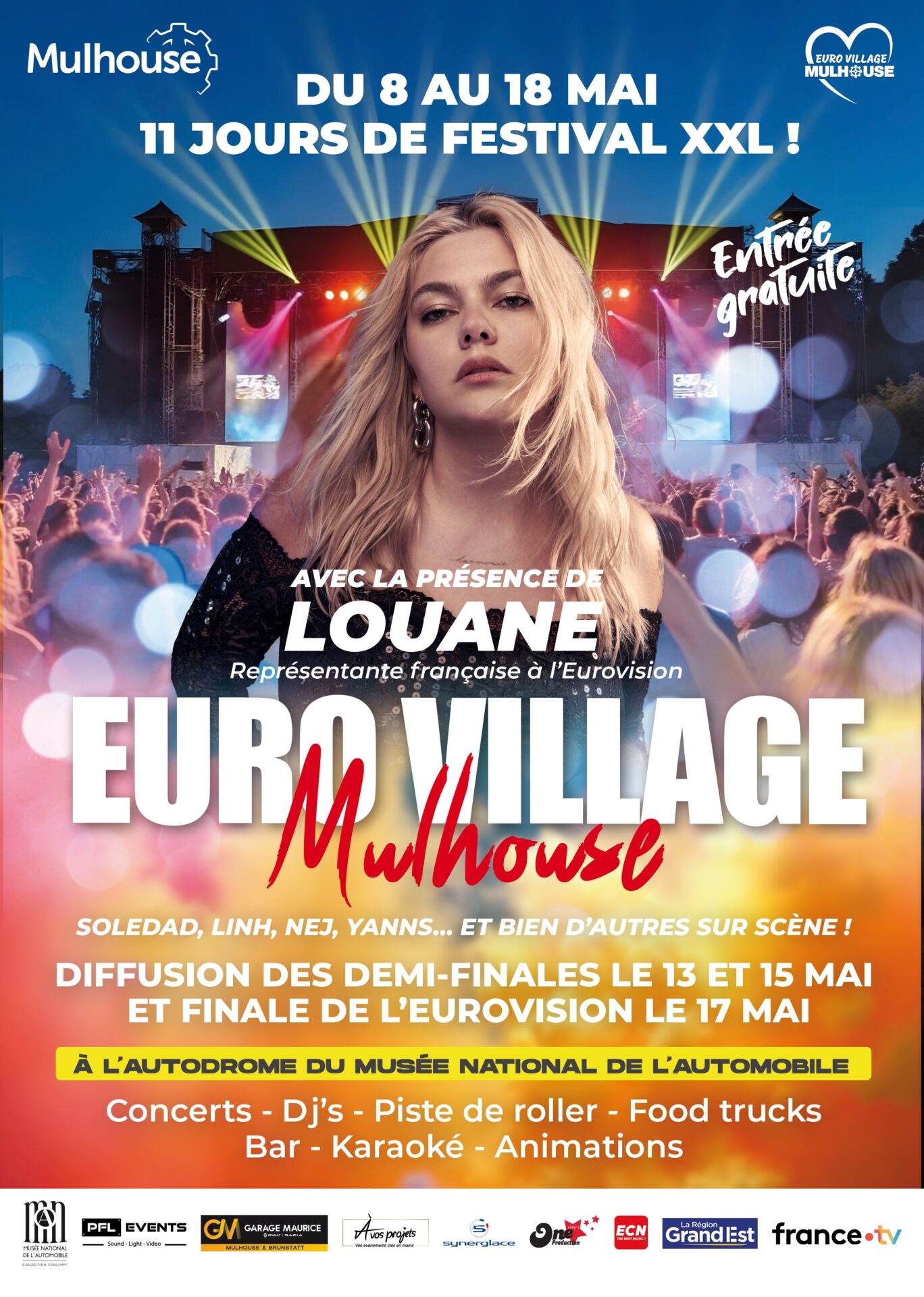 Affiche pour l'euro Village avec Louane, à l'autodrome du musée de l'auto, du 8 au 18 mai