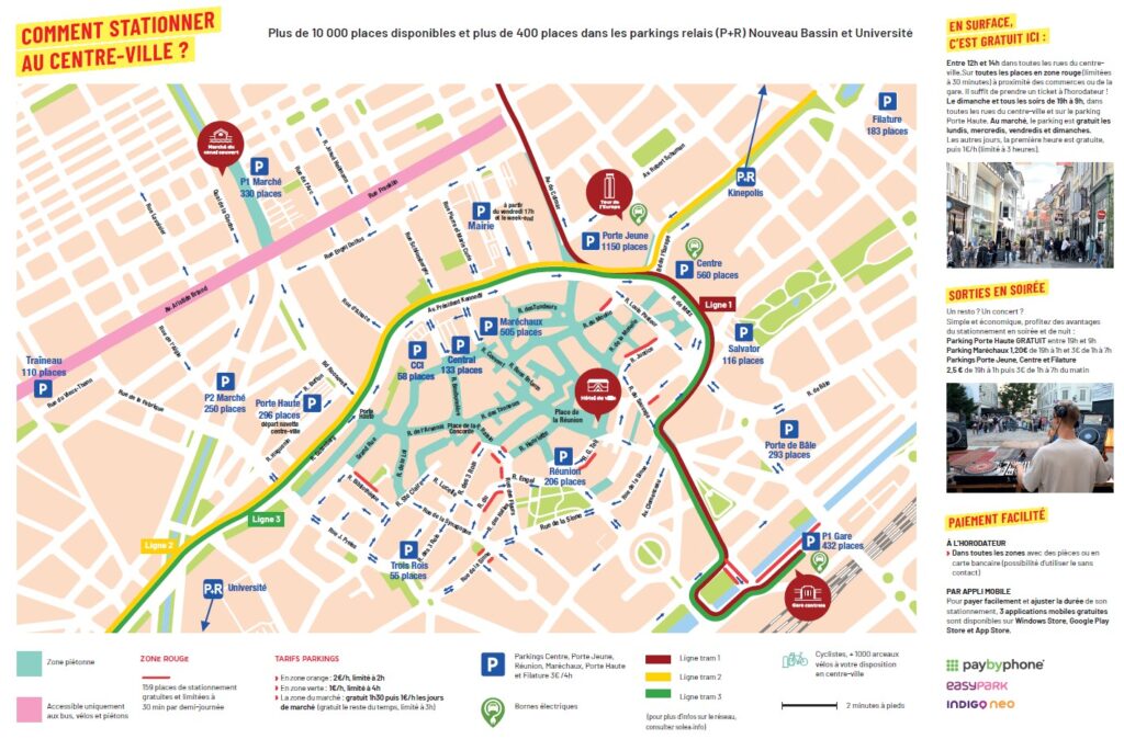 Carte de stationnement désignant tous les parkings présents dans et à proximité du centre-ville. Plus de 10000 places sont disponibles.
